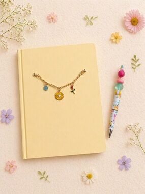 Handmade adorable flower beaded pen with Floral Charm yellow hardcover notebook